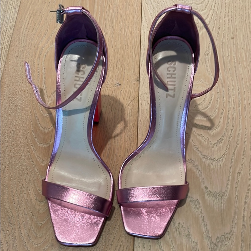 SCHUTZ Pink Metallic Heels with Ankle Strap